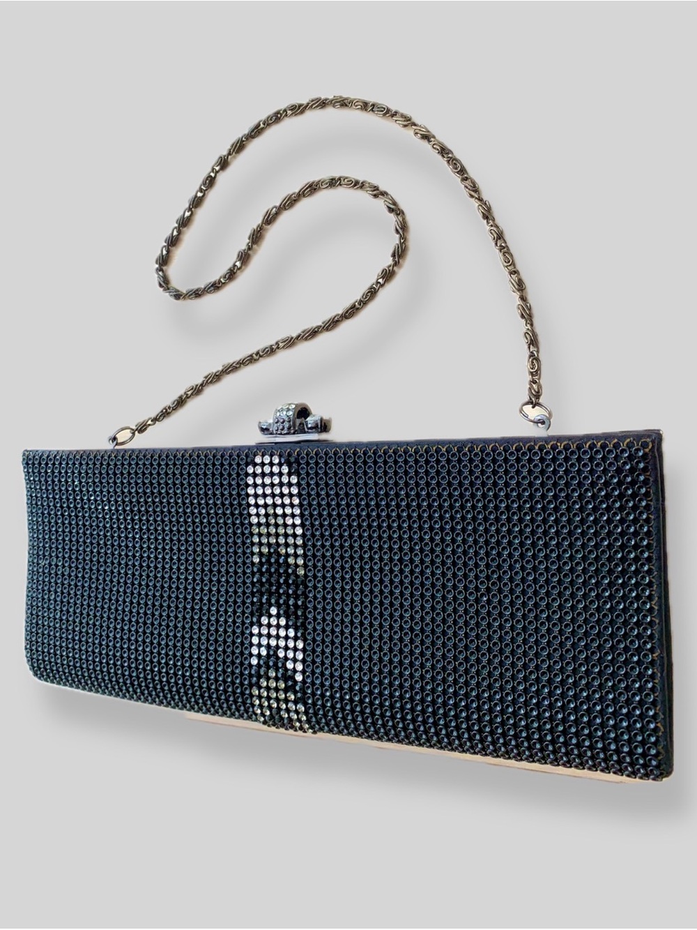 Black Gray Gunmetal Art Deco crystal clutch Strap Purse Minaudiere Sparkly